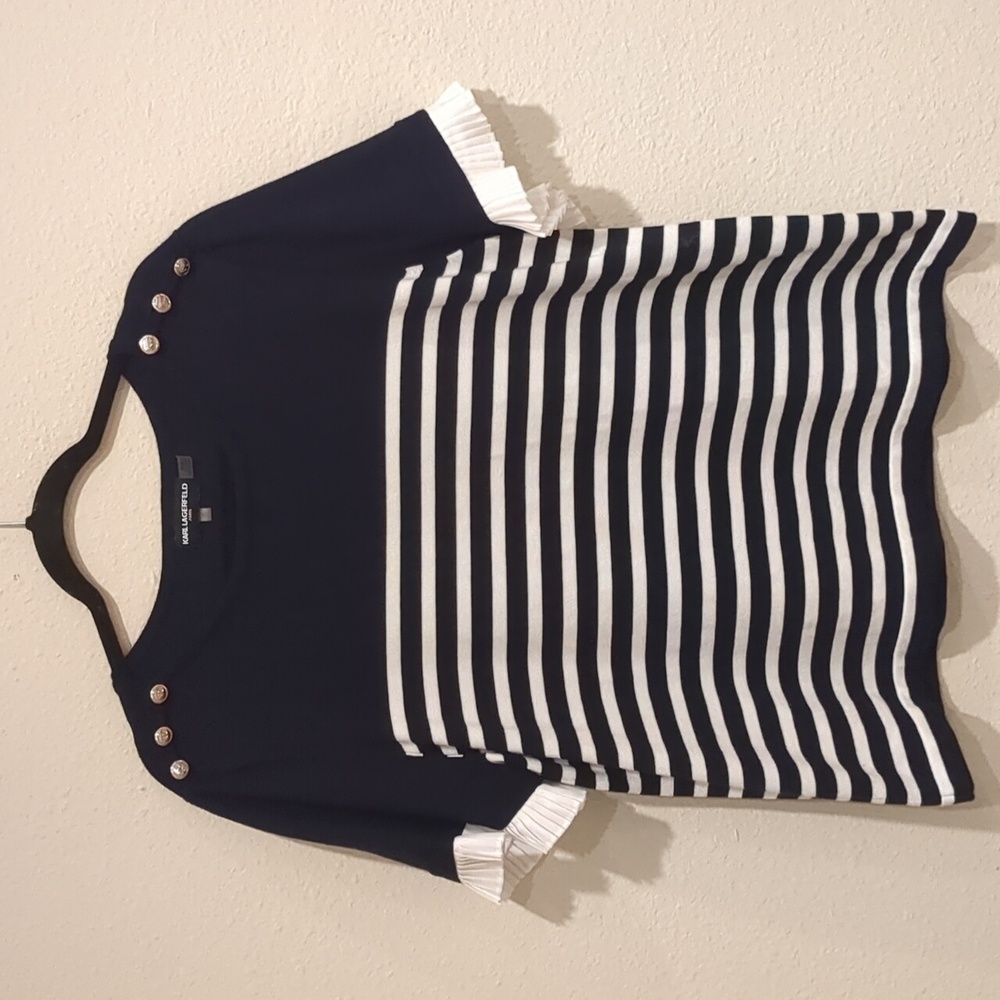Karl Lagerfeld Navy Blue Striped Short Sleeve Sweater Blouse Size XL